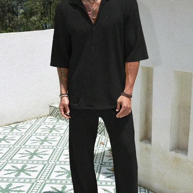 Men's cotton short-sleeved top and loose straight trousers casual suit in khaki for summer commuter wear