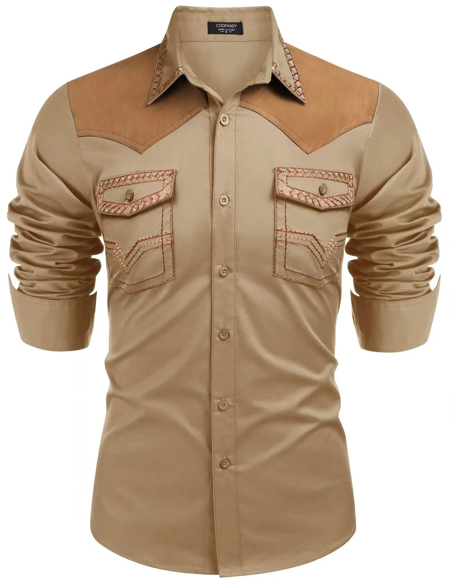 Men's denim-style polyester-cotton shirt in available colours: black, light khaki, dark khaki, navy blue, red