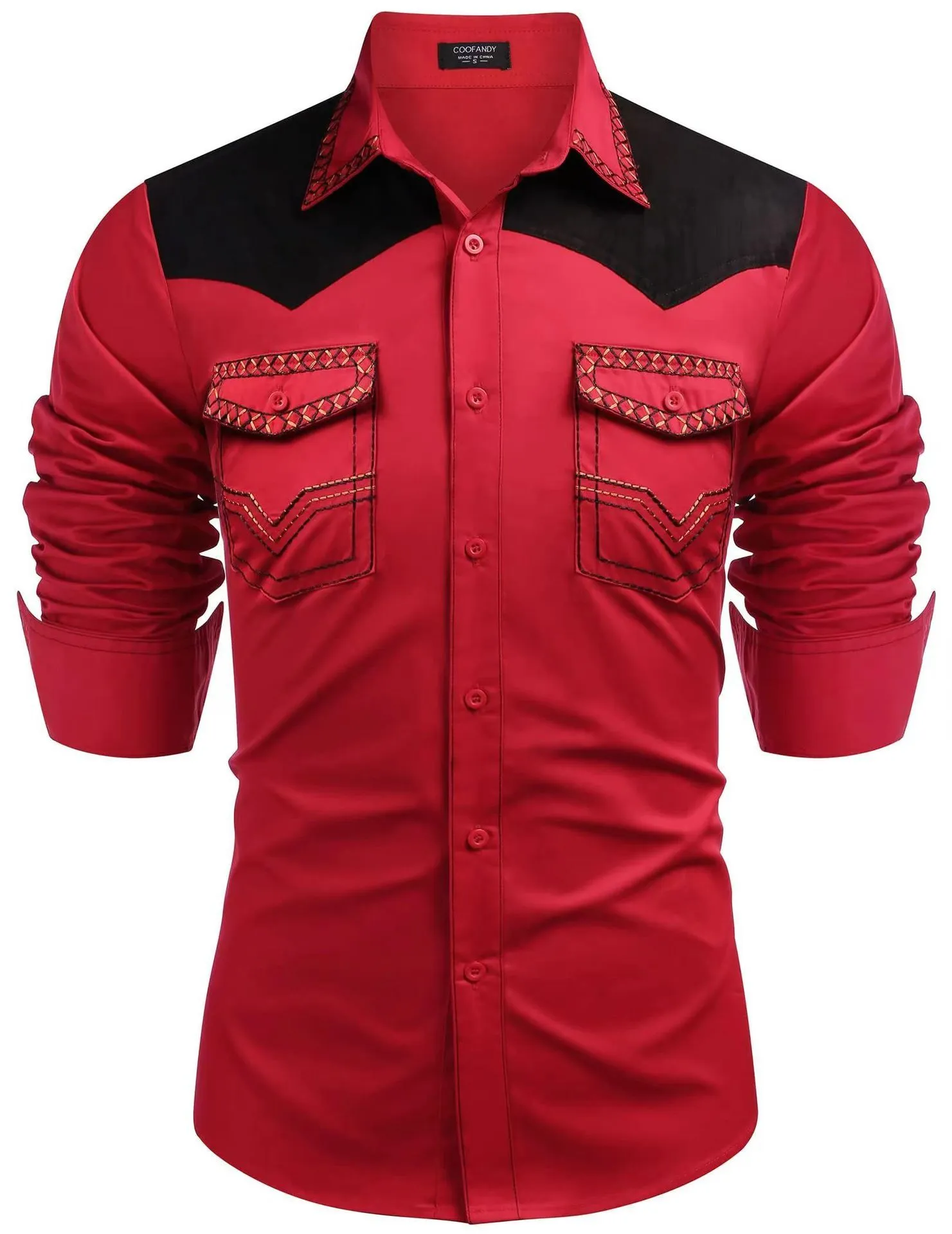 Men's denim-style polyester-cotton shirt in available colours: black, light khaki, dark khaki, navy blue, red