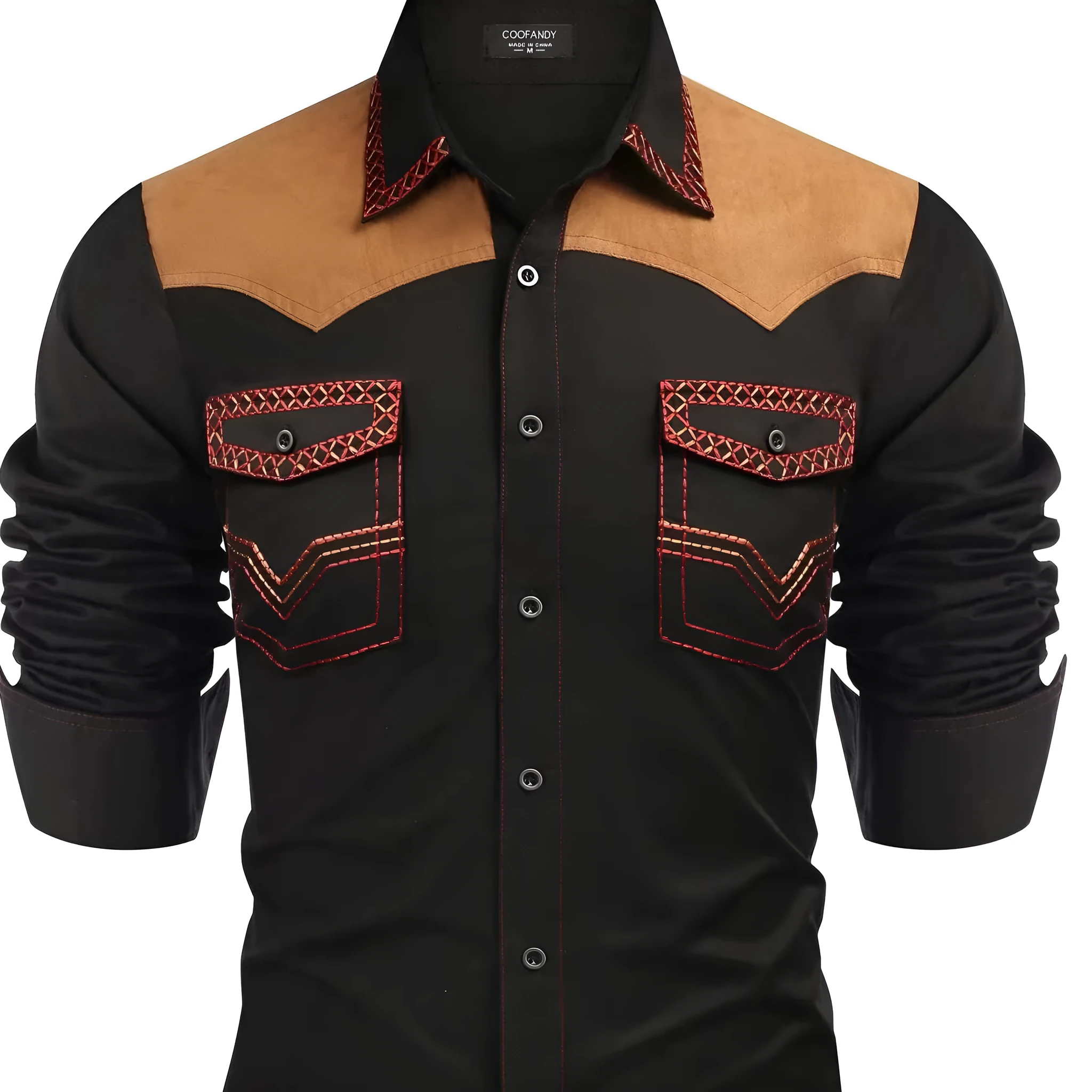 Men's denim-style polyester-cotton shirt in available colours: black, light khaki, dark khaki, navy blue, red