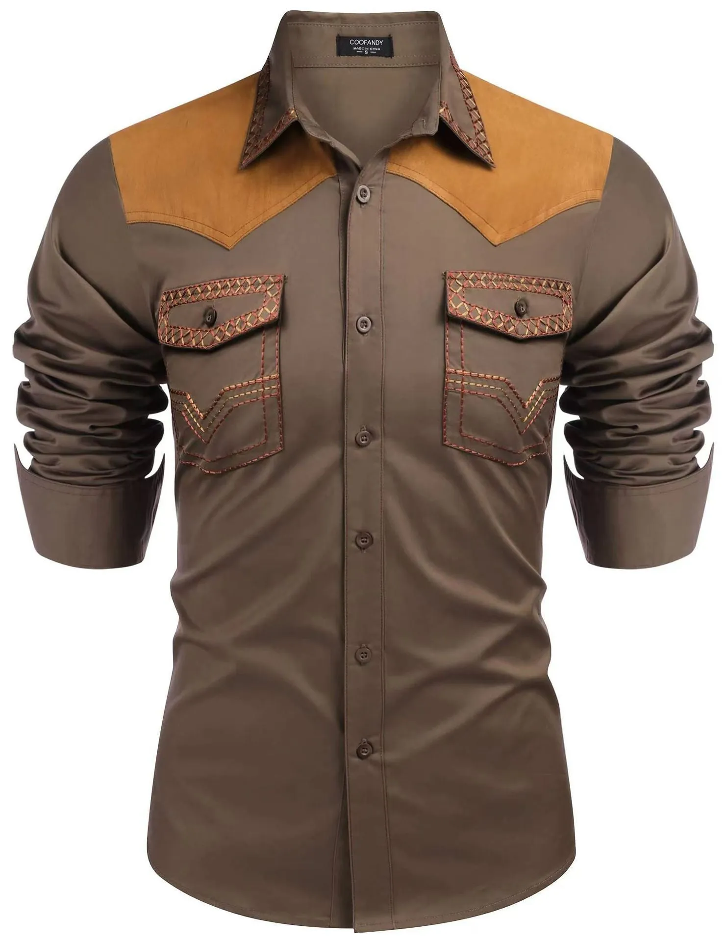 Men's denim-style polyester-cotton shirt in available colours: black, light khaki, dark khaki, navy blue, red