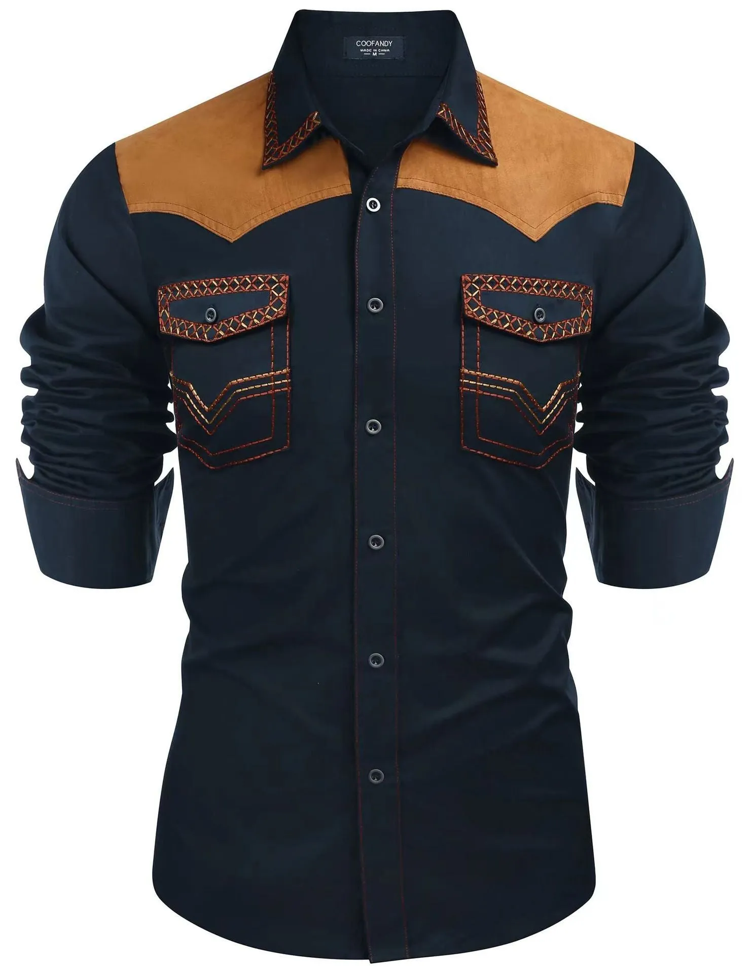 Men's denim-style polyester-cotton shirt in available colours: black, light khaki, dark khaki, navy blue, red