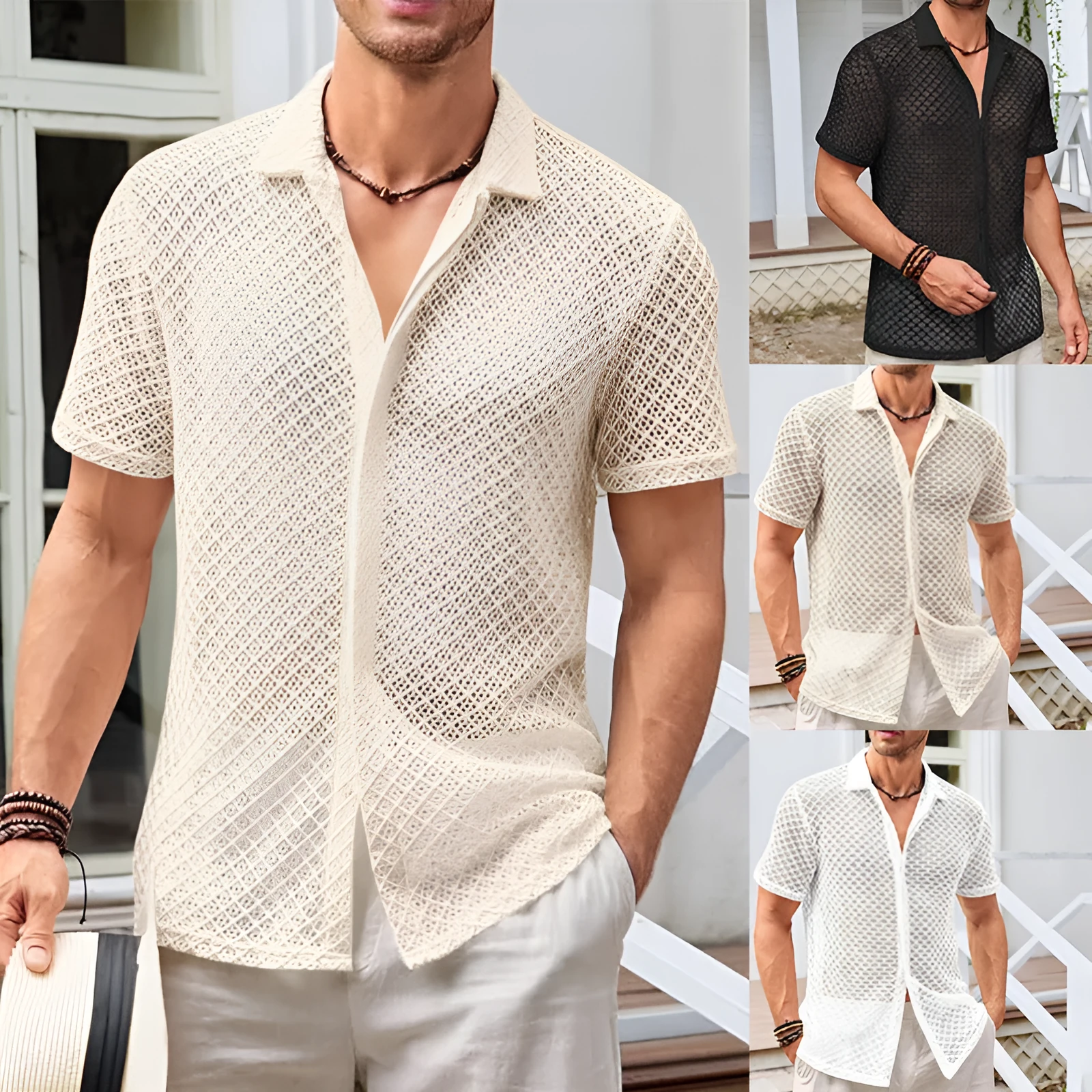 Summer mesh short sleeve shirt for men, solid colour cardigan with lapel collar, cotton blend fabric, available in black