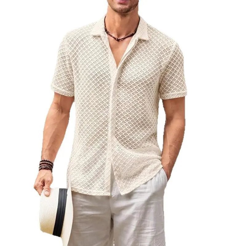 Summer mesh short sleeve shirt for men, solid colour cardigan with lapel collar, cotton blend fabric, available in black