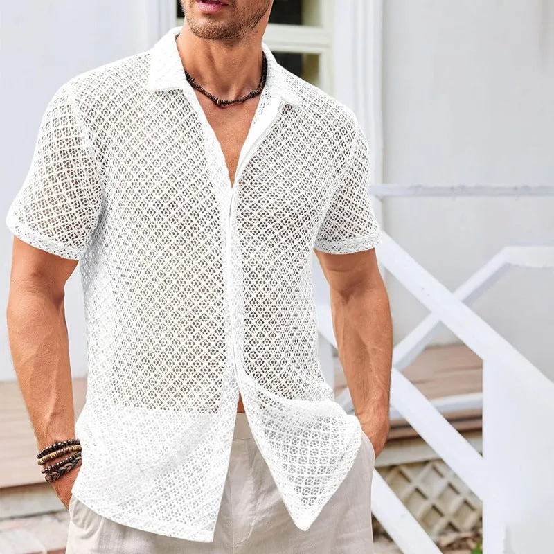Summer mesh short sleeve shirt for men, solid colour cardigan with lapel collar, cotton blend fabric, available in black