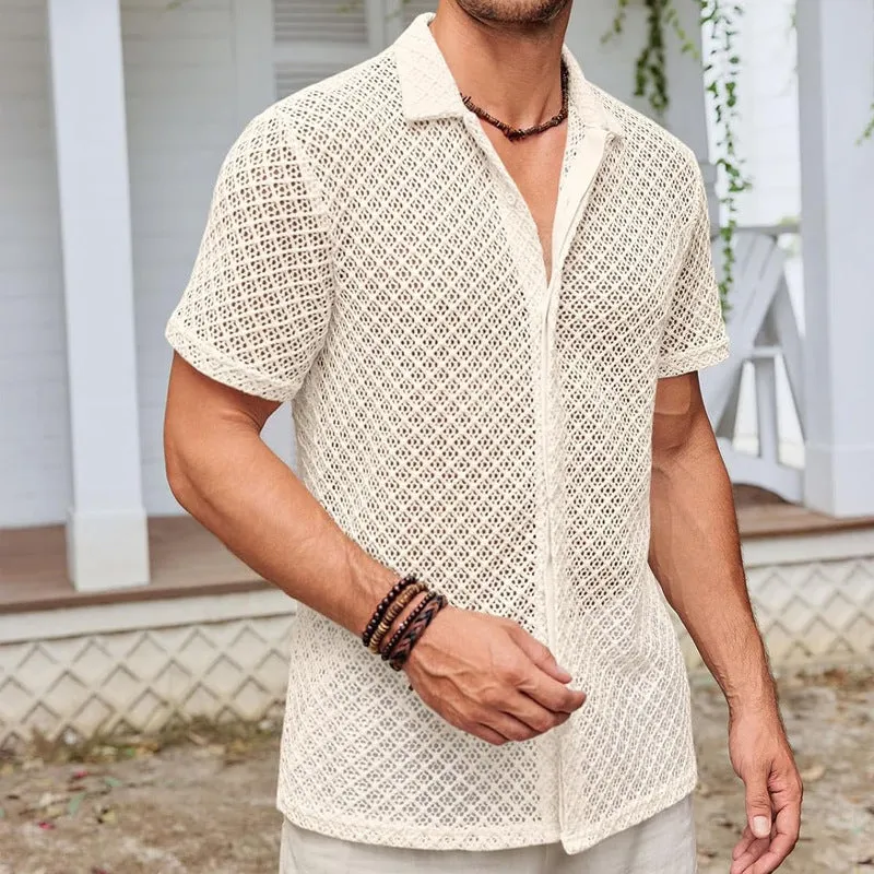 Summer mesh short sleeve shirt for men, solid colour cardigan with lapel collar, cotton blend fabric, available in black