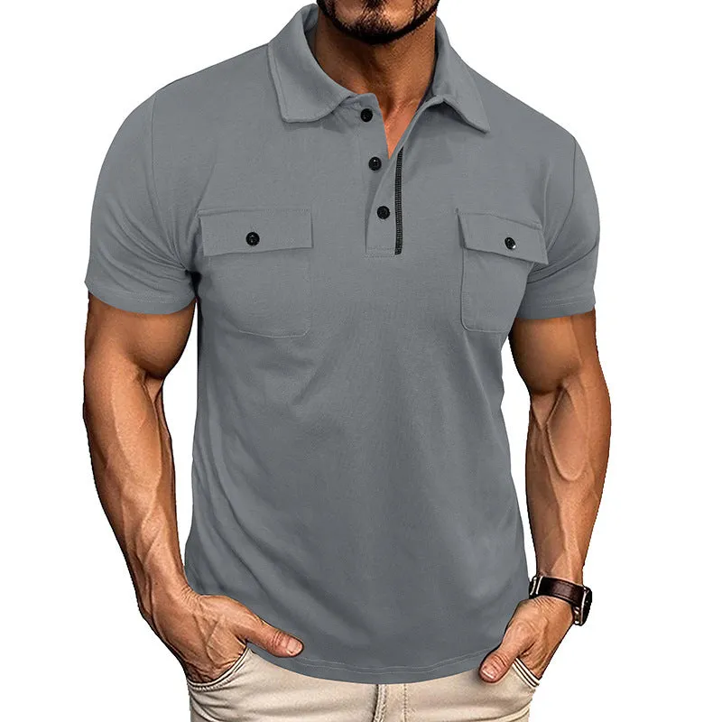 Summer lapel button polo shirt with pockets for men in army green colour, short sleeves, loose fit