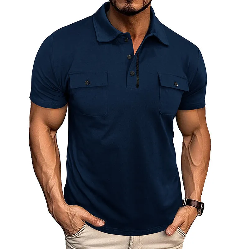 Summer lapel button polo shirt with pockets for men in army green colour, short sleeves, loose fit