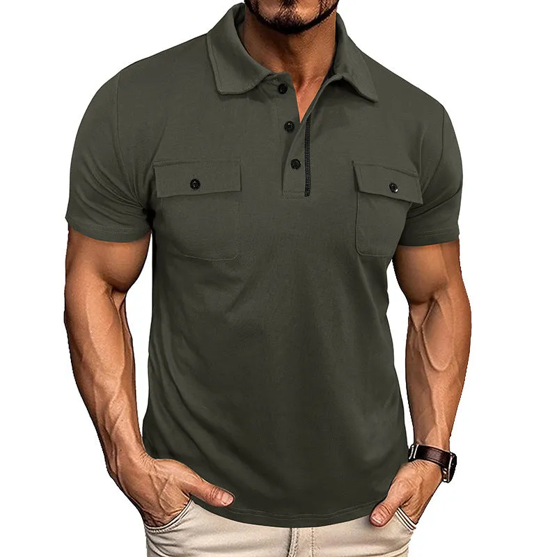 Summer lapel button polo shirt with pockets for men in army green colour, short sleeves, loose fit