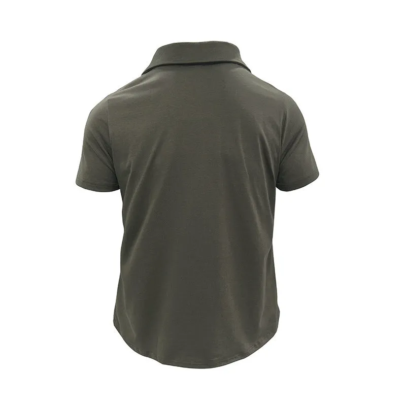 Summer lapel button polo shirt with pockets for men in army green colour, short sleeves, loose fit