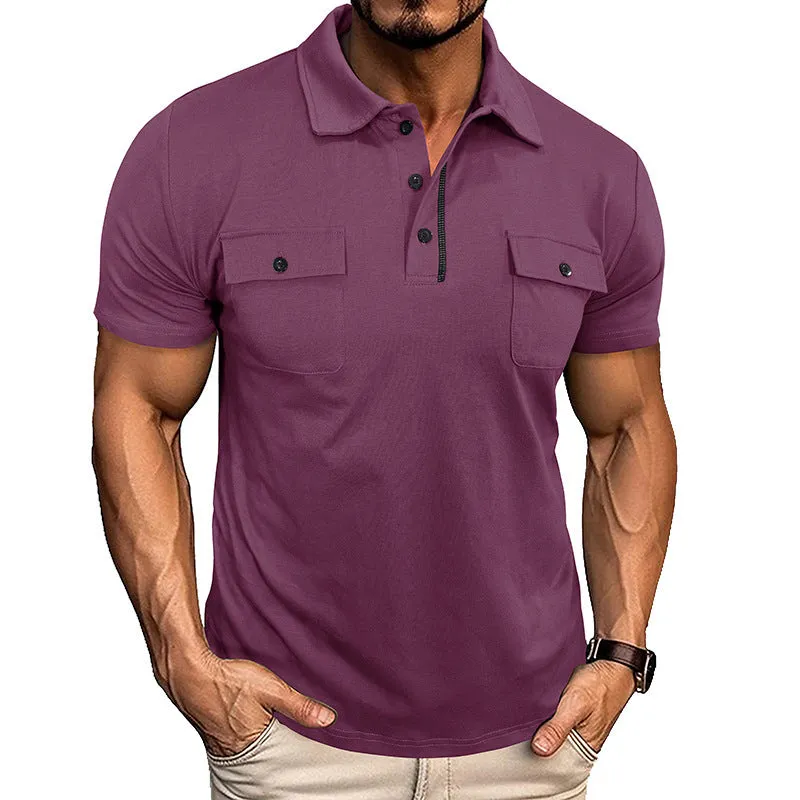 Summer lapel button polo shirt with pockets for men in army green colour, short sleeves, loose fit