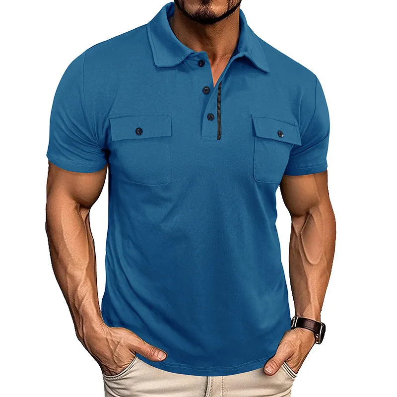 Summer lapel button polo shirt with pockets for men in army green colour, short sleeves, loose fit