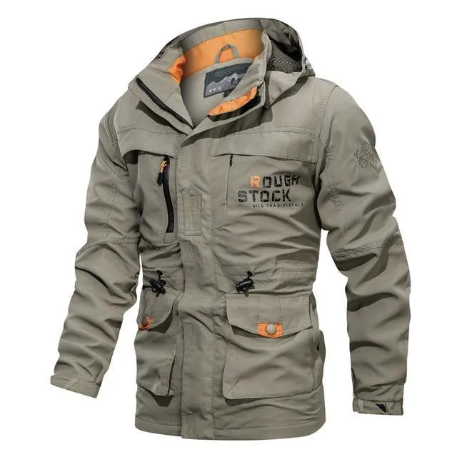 Men's casual outdoor hooded plus size jacket in letter print, stand-up collar, zipper front, thin polyester fabric