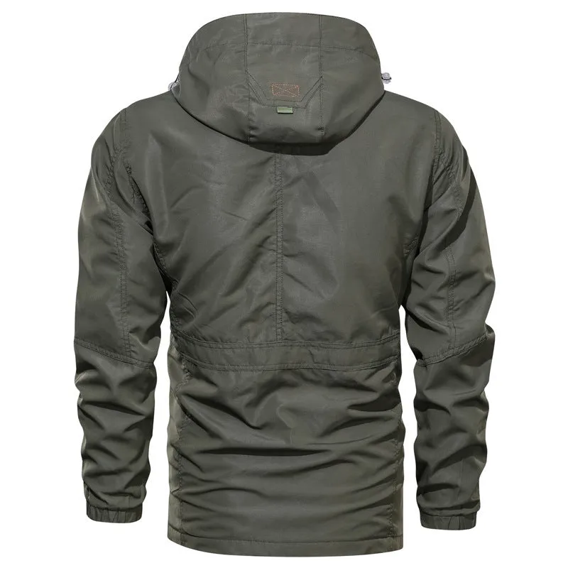 Men's casual outdoor hooded plus size jacket in letter print, stand-up collar, zipper front, thin polyester fabric