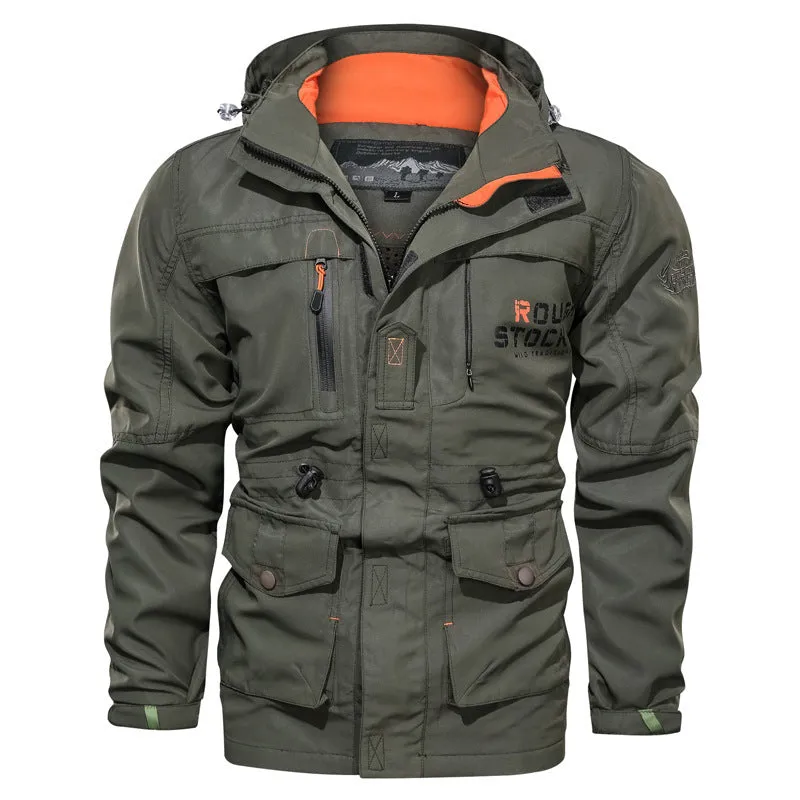 Men's casual outdoor hooded plus size jacket in letter print, stand-up collar, zipper front, thin polyester fabric