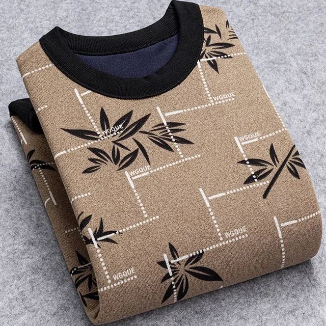 Men's o-neck thin thermal sweater in cream, front view, pullover style