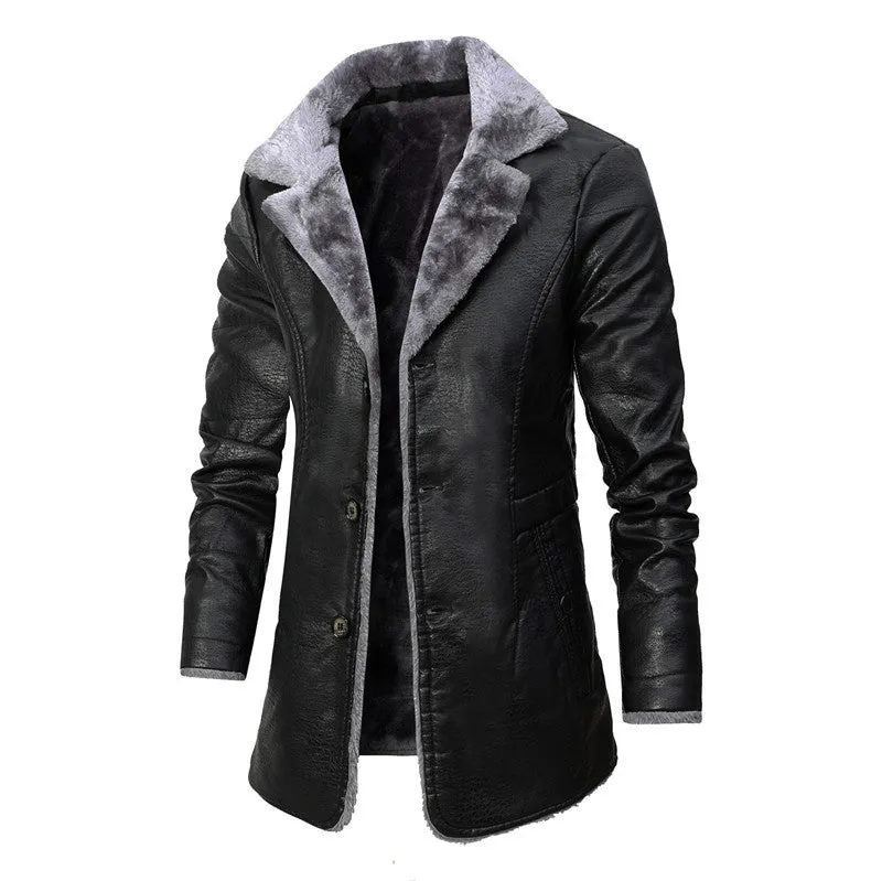 Men's faux leather long coat with lapel collar and plush fleece lining in black
