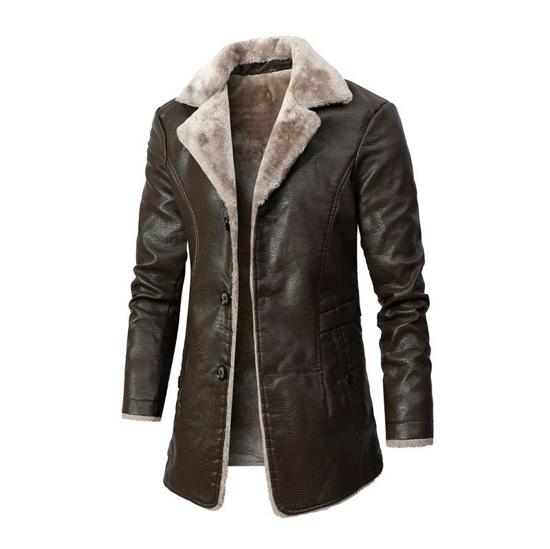 Men's faux leather long coat with lapel collar and plush fleece lining in black