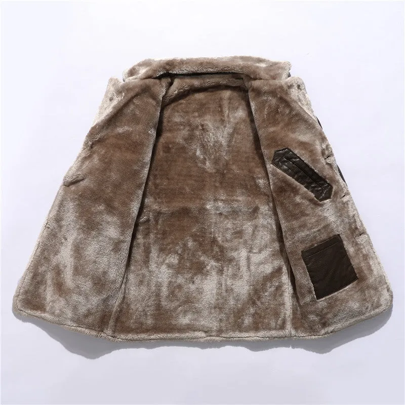 Men's faux leather long coat with lapel collar and plush fleece lining in black