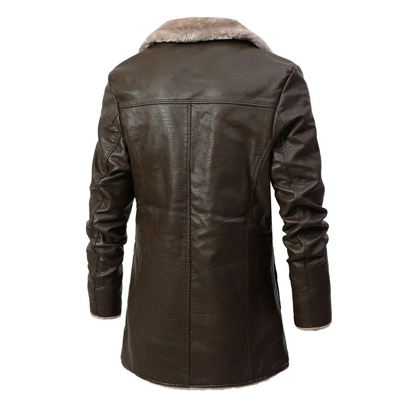 Men's faux leather long coat with lapel collar and plush fleece lining in black