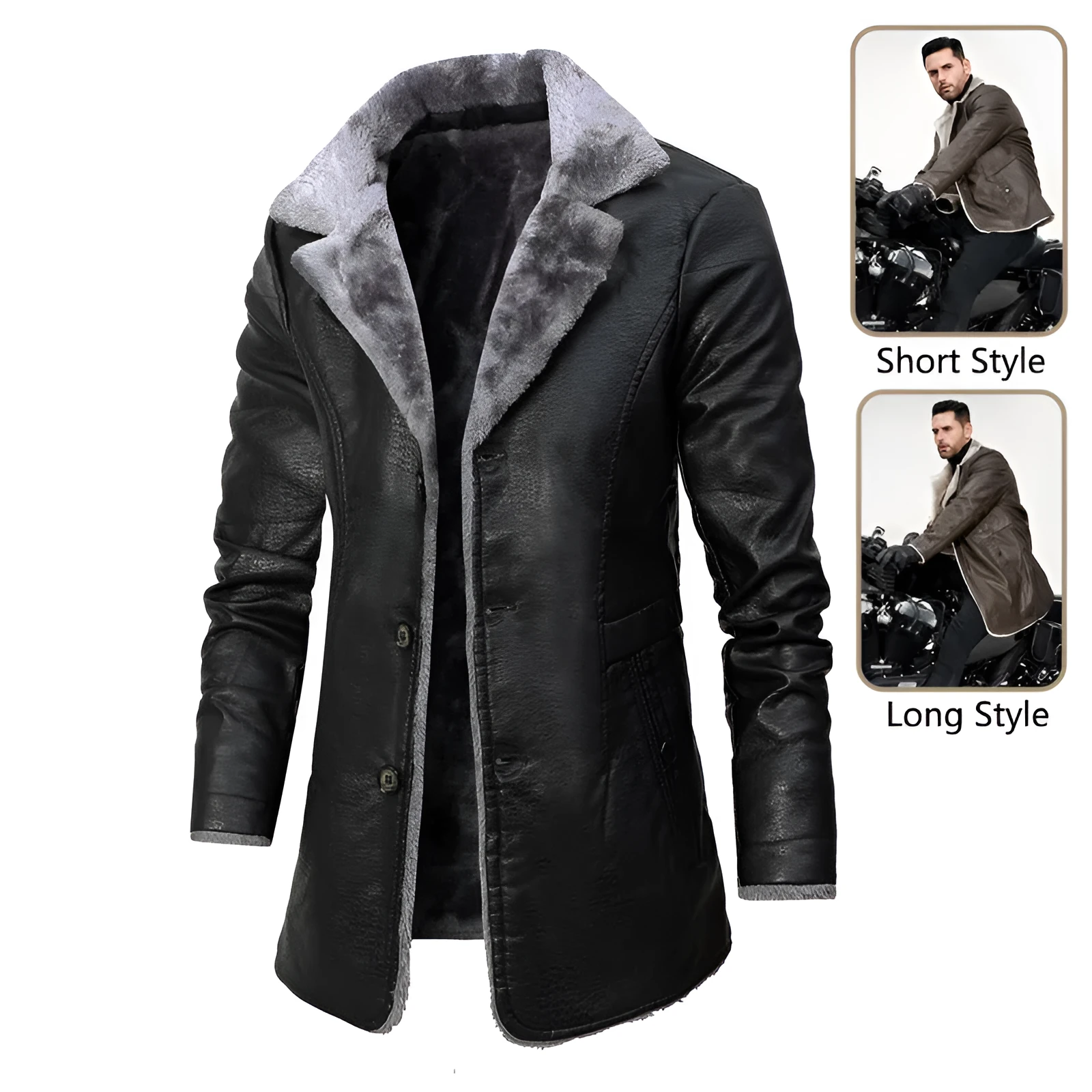 Men's faux leather long coat with lapel collar and plush fleece lining in black