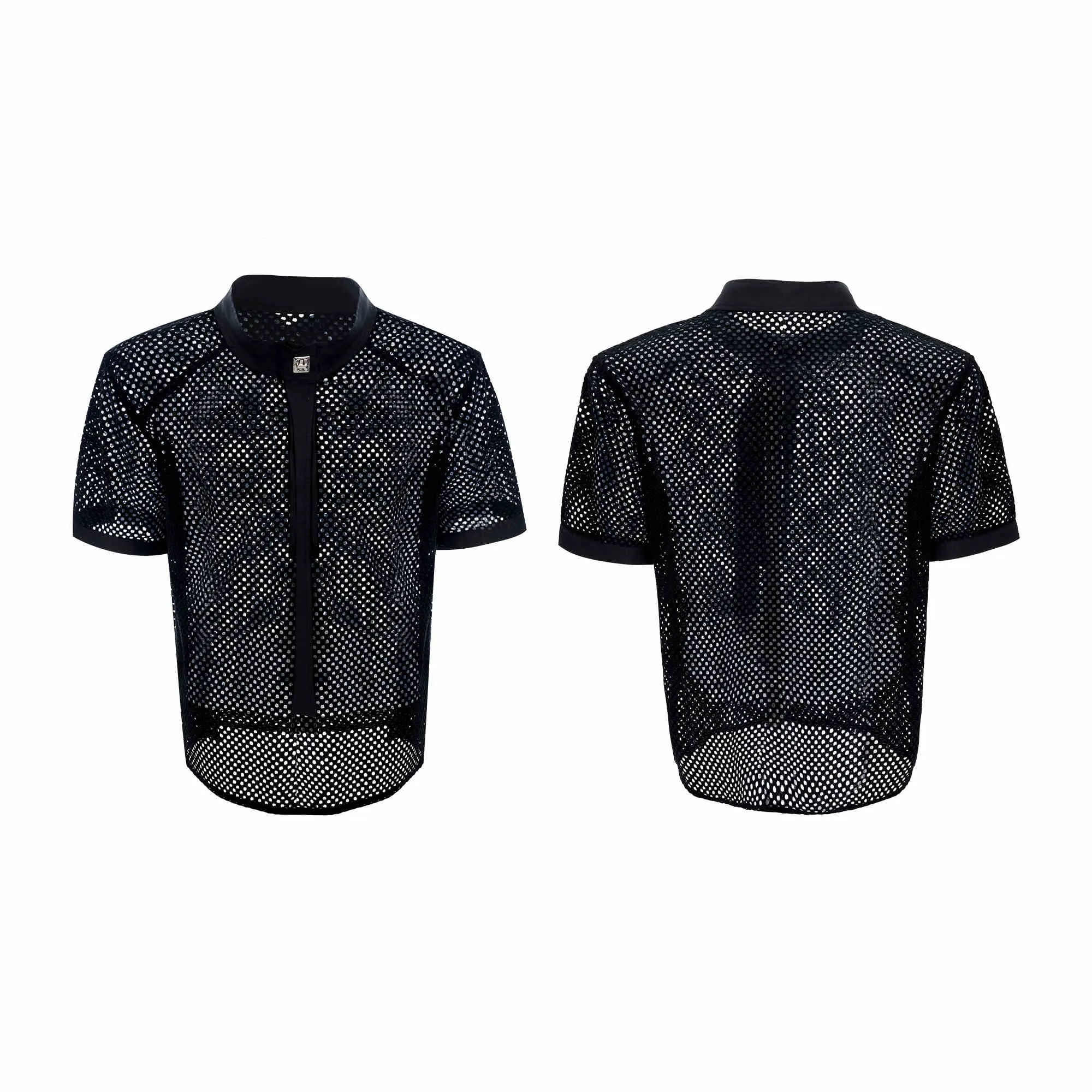 Men's black T-shirt with tie stitching and metal tassel decoration on front