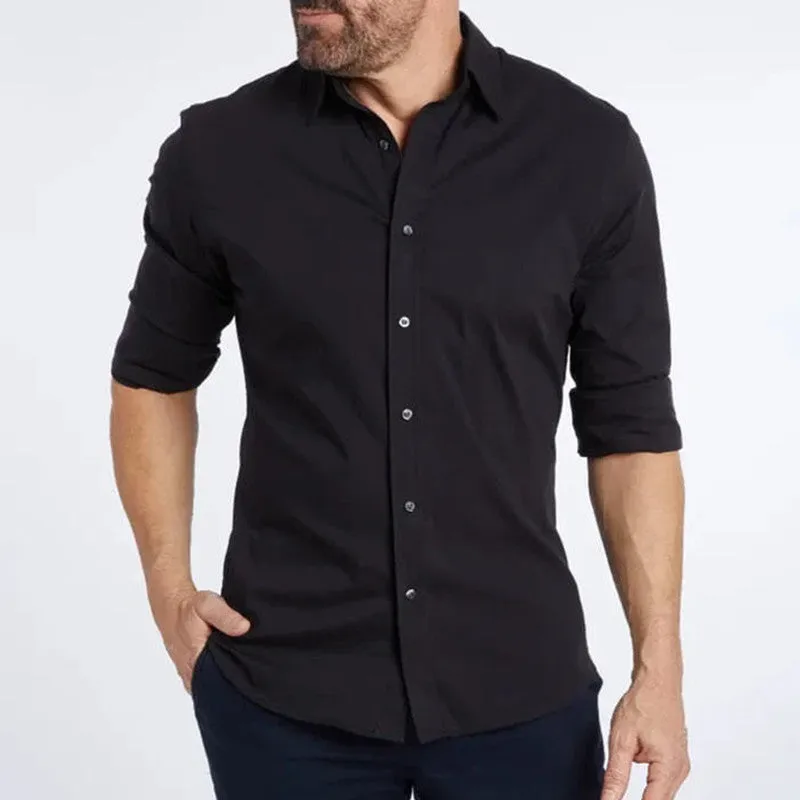 Men's long sleeve zipper shirt with button lapel, solid colour, slim fit cotton blend top