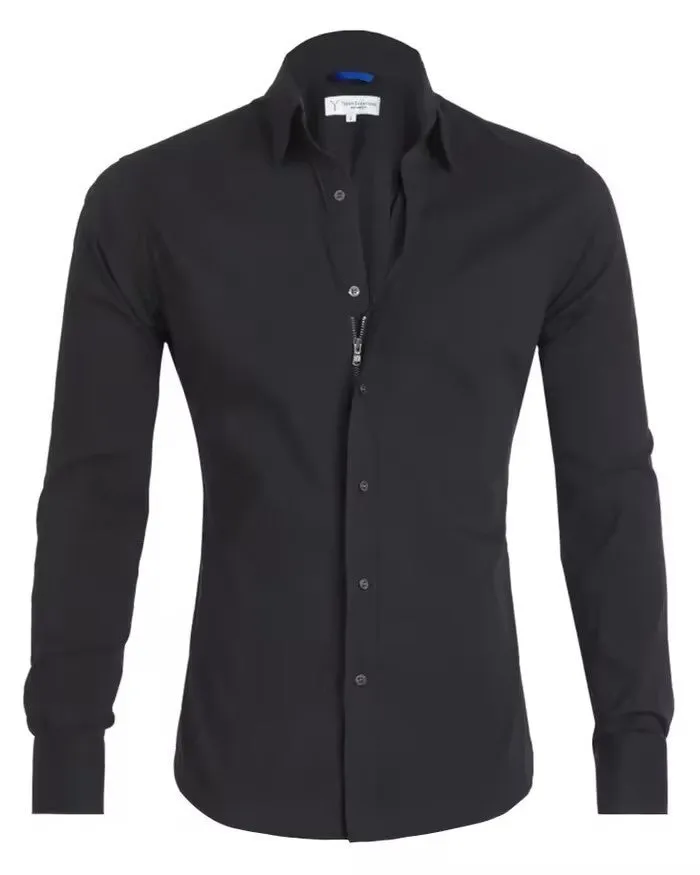 Men's long sleeve zipper shirt with button lapel, solid colour, slim fit cotton blend top