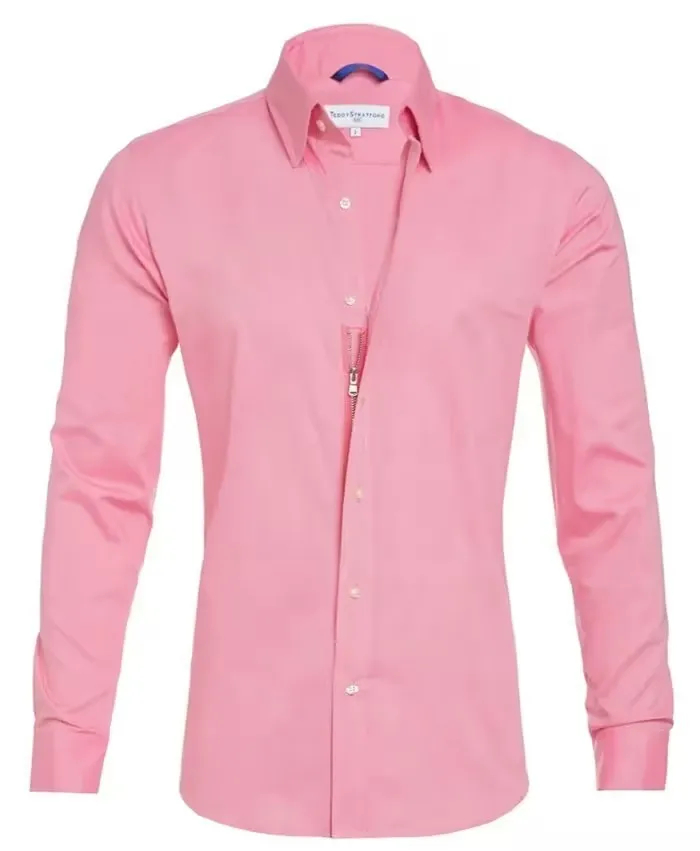 Men's long sleeve zipper shirt with button lapel, solid colour, slim fit cotton blend top