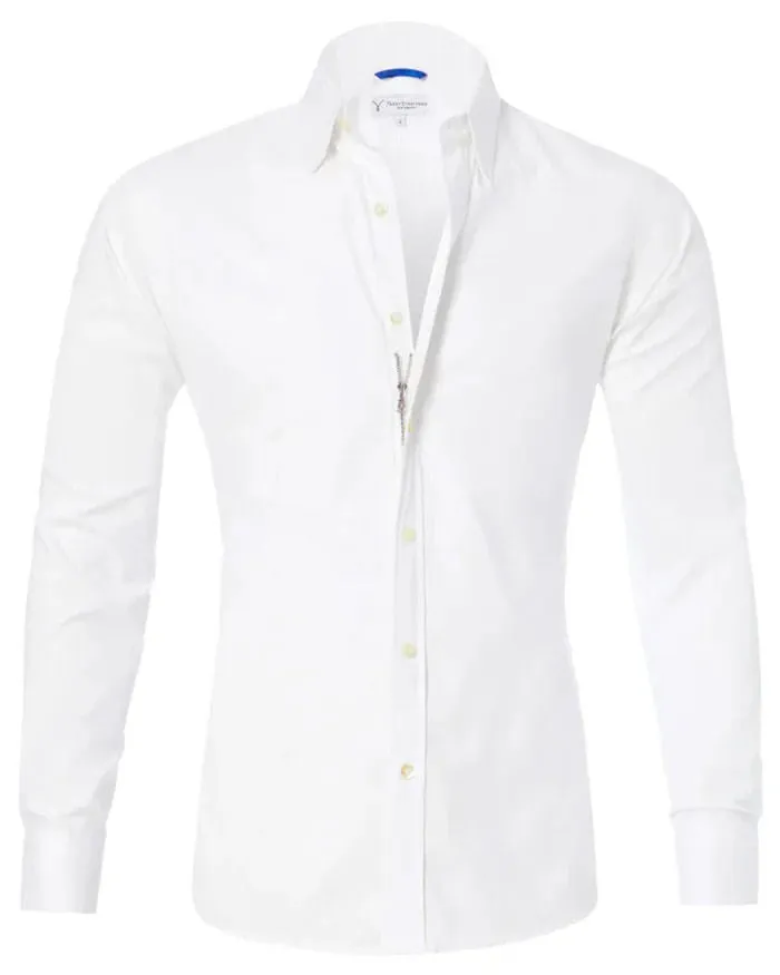Men's long sleeve zipper shirt with button lapel, solid colour, slim fit cotton blend top