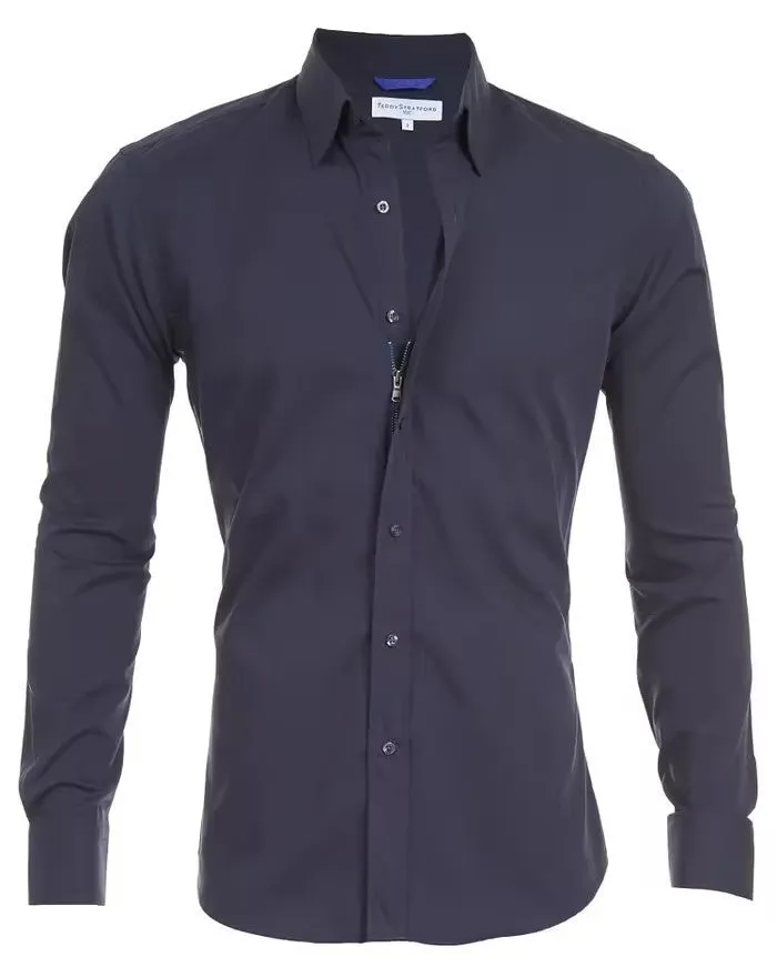 Men's long sleeve zipper shirt with button lapel, solid colour, slim fit cotton blend top