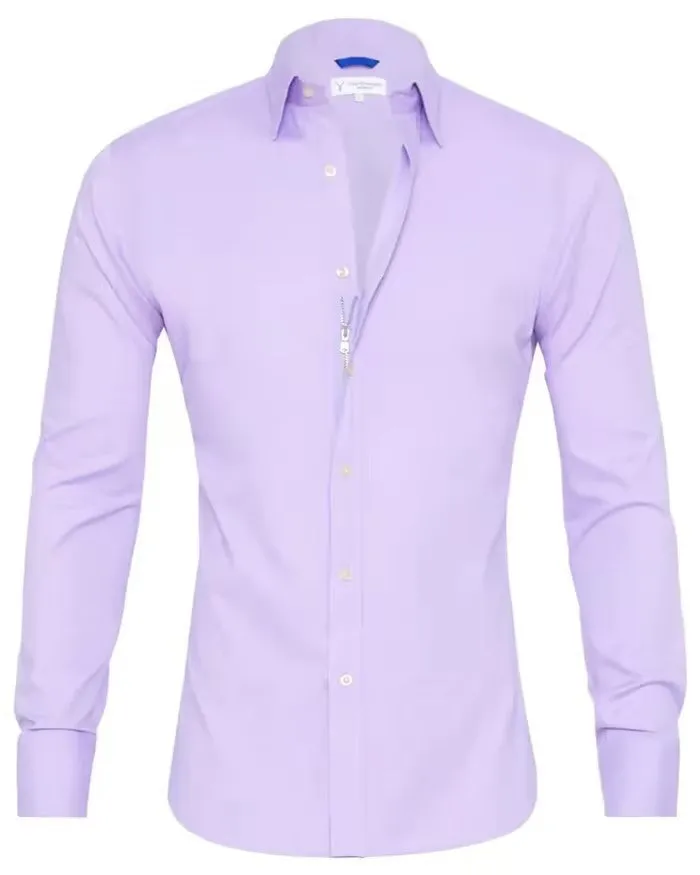 Men's long sleeve zipper shirt with button lapel, solid colour, slim fit cotton blend top