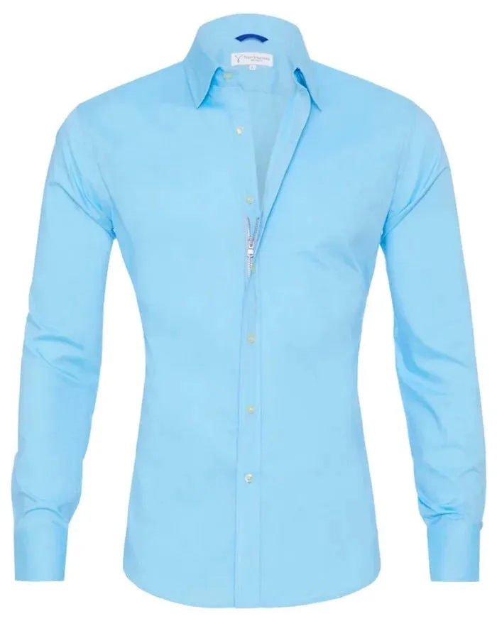 Men's long sleeve zipper shirt with button lapel, solid colour, slim fit cotton blend top