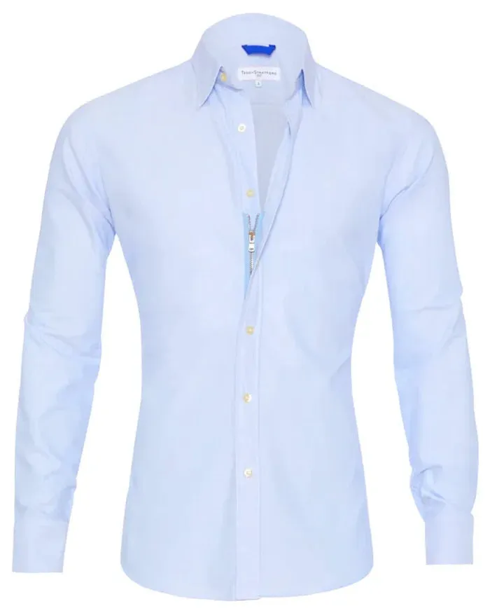 Men's long sleeve zipper shirt with button lapel, solid colour, slim fit cotton blend top