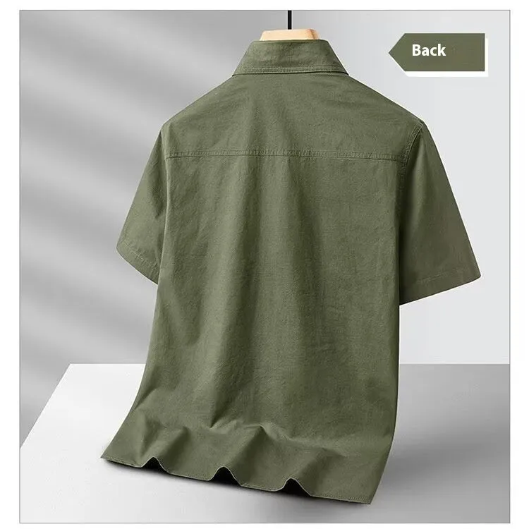 Solid colour short sleeve men's cotton blend work shirt in khaki, loose cardigan fit with non-iron finish