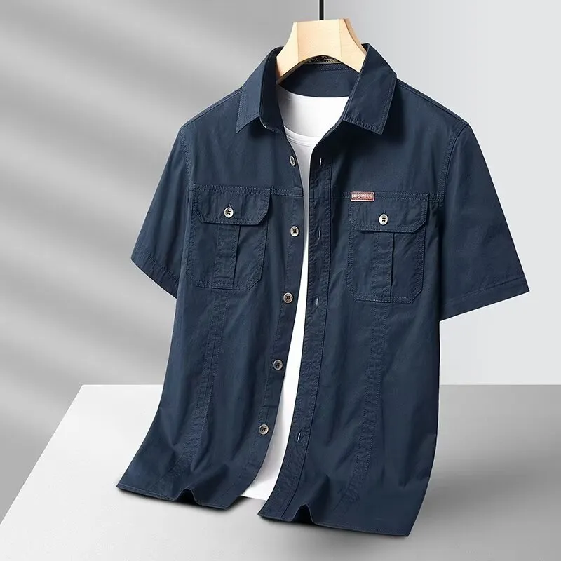 Solid colour short sleeve men's cotton blend work shirt in khaki, loose cardigan fit with non-iron finish