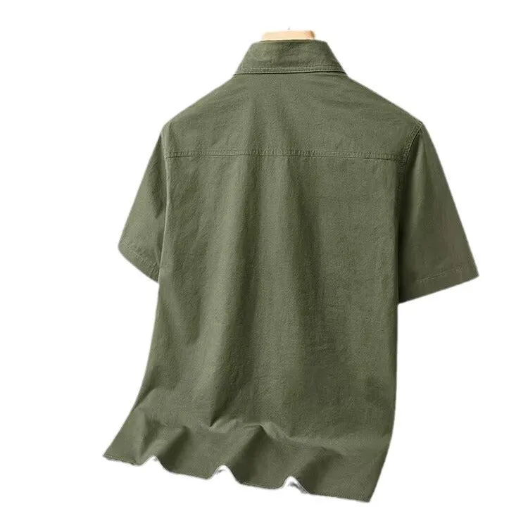 Solid colour short sleeve men's cotton blend work shirt in khaki, loose cardigan fit with non-iron finish