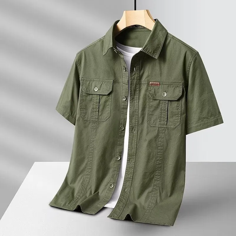 Solid colour short sleeve men's cotton blend work shirt in khaki, loose cardigan fit with non-iron finish