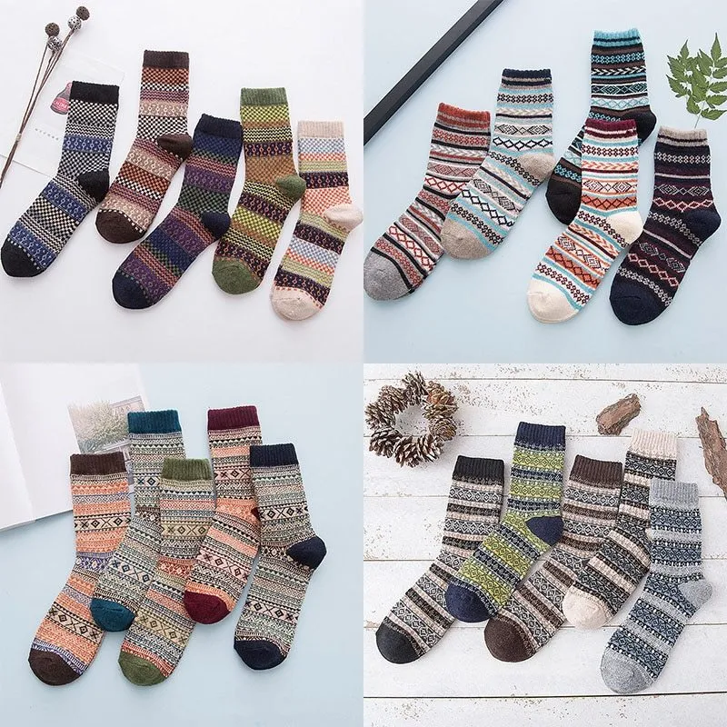 Winter thick warm stripe wool socks rabbit wool blend 5 pairs set in assorted colours