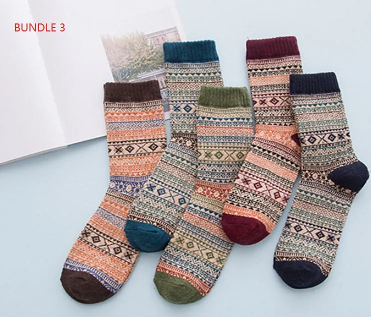 Winter thick warm stripe wool socks rabbit wool blend 5 pairs set in assorted colours