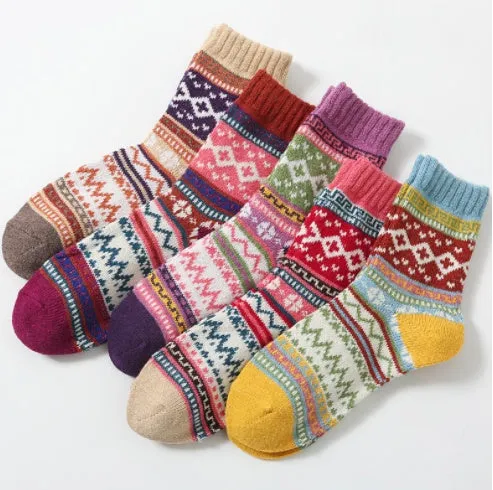 Winter thick warm stripe wool socks rabbit wool blend 5 pairs set in assorted colours