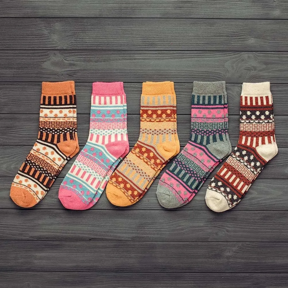 Winter thick warm stripe wool socks rabbit wool blend 5 pairs set in assorted colours