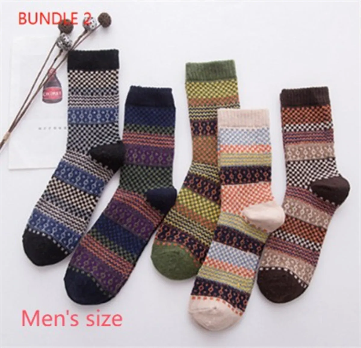 Winter thick warm stripe wool socks rabbit wool blend 5 pairs set in assorted colours