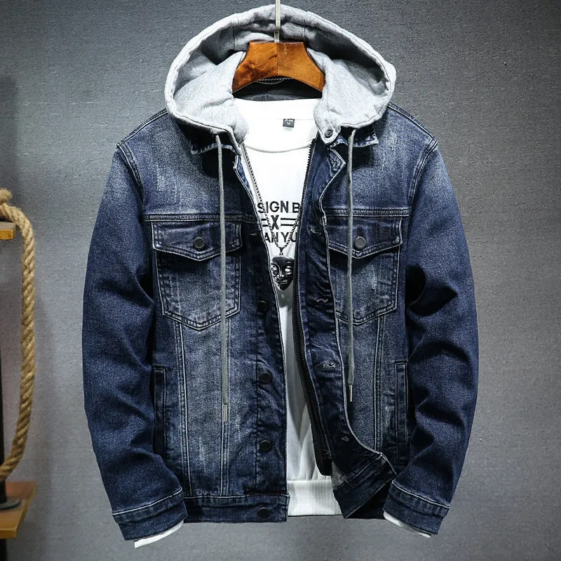 Thick denim jacket for men with hooded collar in black, slim fit, cotton construction