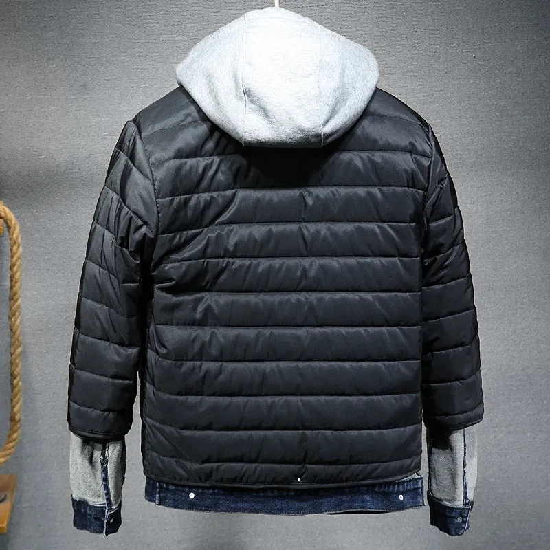 Thick denim jacket for men with hooded collar in black, slim fit, cotton construction