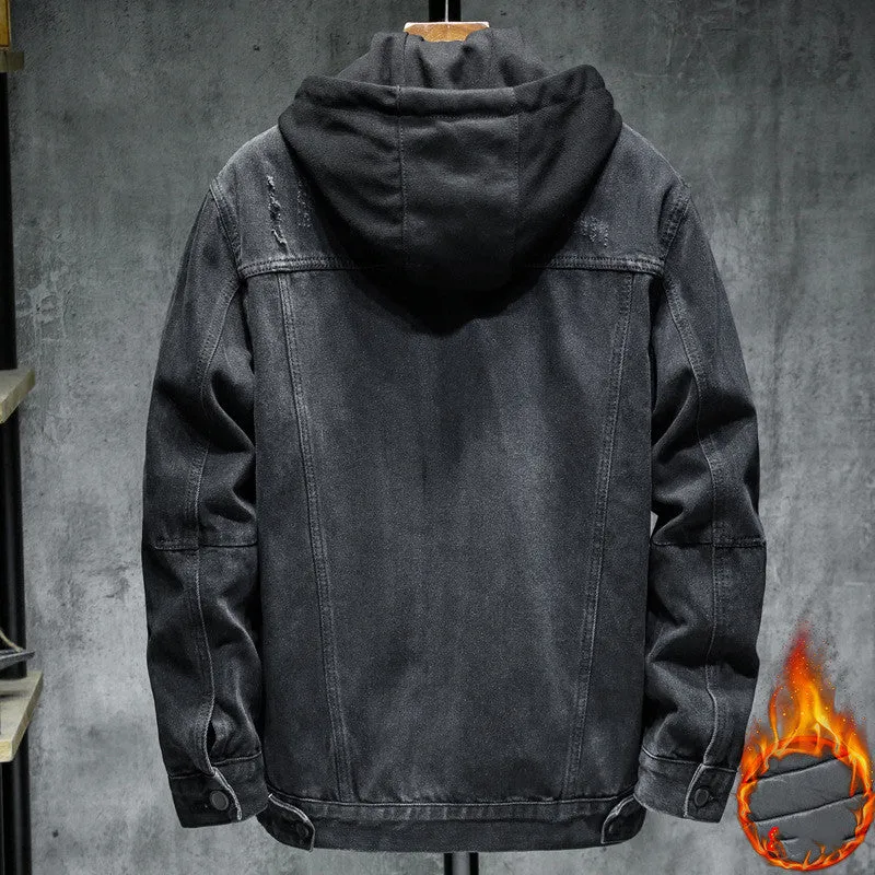 Thick denim jacket for men with hooded collar in black, slim fit, cotton construction