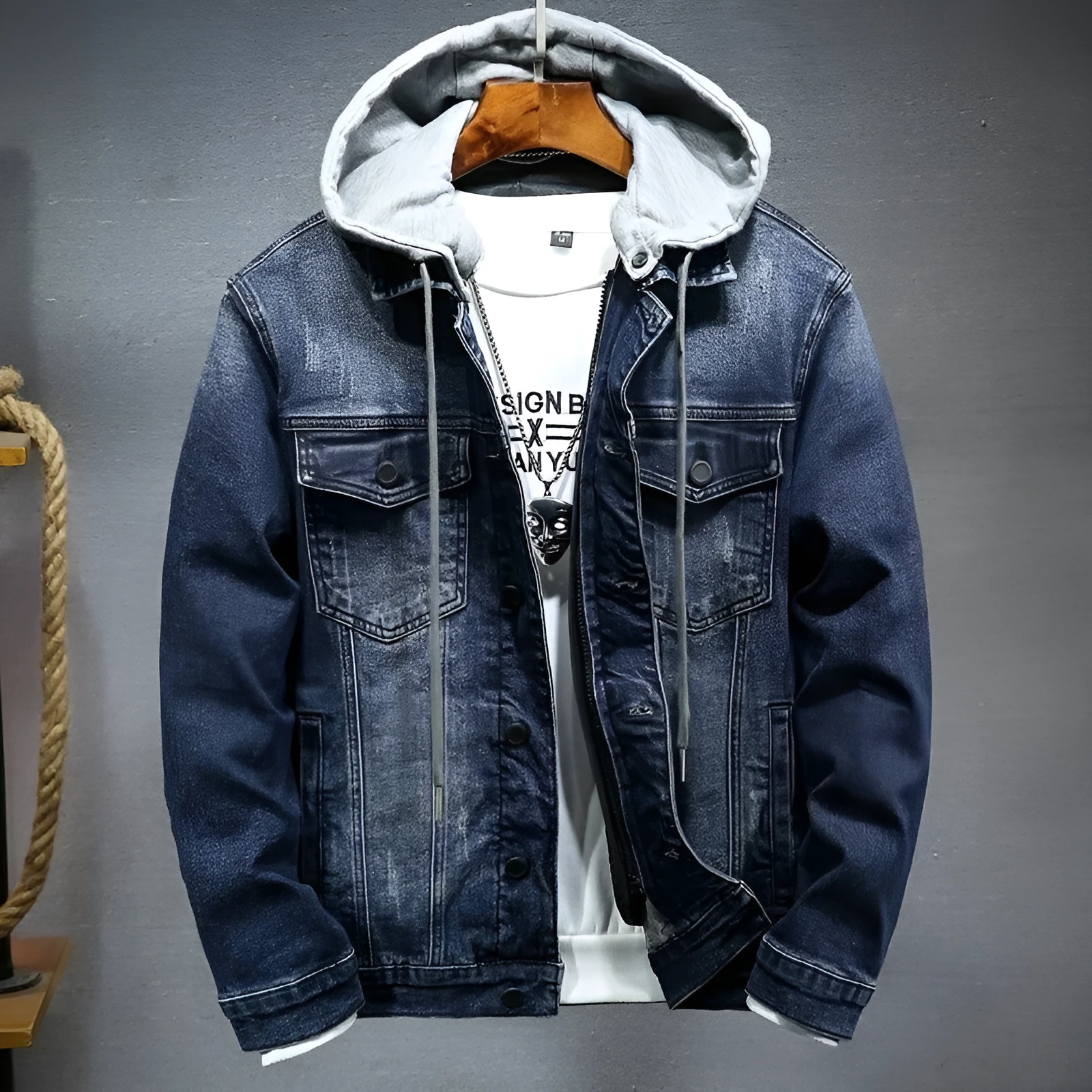 Thick denim jacket for men with hooded collar in black, slim fit, cotton construction