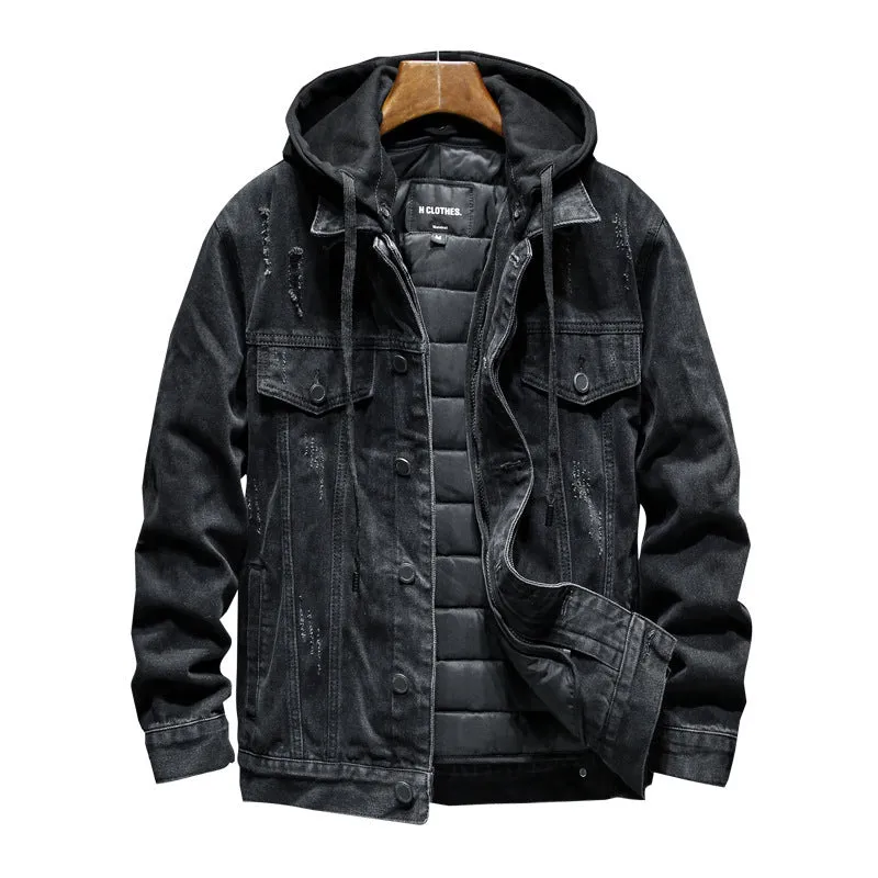 Thick denim jacket for men with hooded collar in black, slim fit, cotton construction