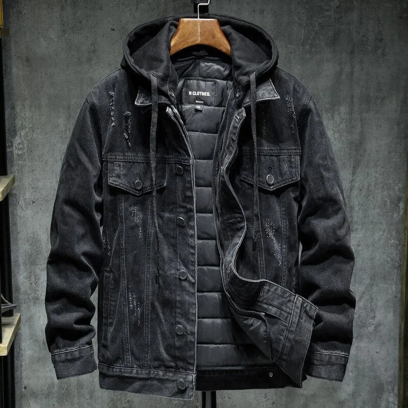 Thick denim jacket for men with hooded collar in black, slim fit, cotton construction