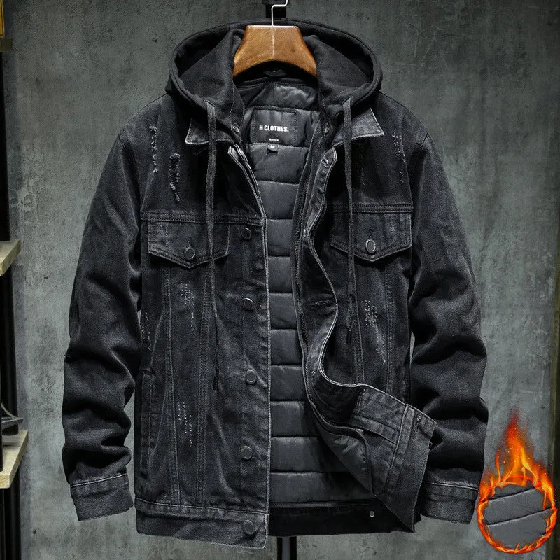 Thick denim jacket for men with hooded collar in black, slim fit, cotton construction
